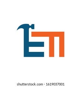 Letter EM, EN with with hammer renovation, building services, repair, construction logo design template. Blue and Orange color icon. Isolated on white background. Vector illustration in eps 10.