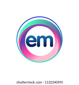 Letter EM logo with colorful circle, letter combination logo design with ring, circle object for creative industry, web, business and company.