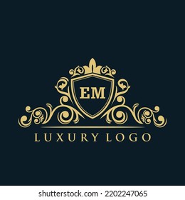 Letter EM logo with Luxury Gold Shield. Elegance logo vector template.