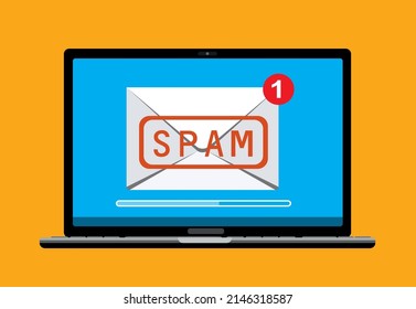 letter with email spam warning appear on laptop computer screen, concept of virus malware software, piracy hacking and security, flat design vector illustration
