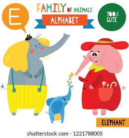 Letter E-Mega big set.Cute vector alphabet with family of animals in cartoon style.