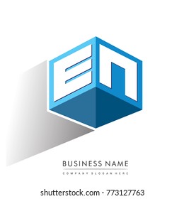 Letter EN logo in hexagon shape and blue background, cube logo with letter design for company identity.
