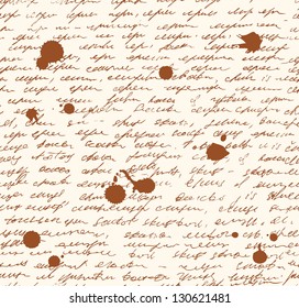 Letter endless pattern. Script with dots of ink. Seamless grunge background. Sketch of writing template