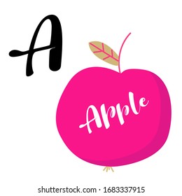 A letter of the English alphabet with an apple picture. A card for children, kindergarten, teachers, schools, parents, apps and websites. Vector illustration in flat style.