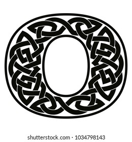 Letter of the English alphabet with Celtic national ornament as interlaced ribbon isolated on white background.