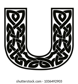 Letter of the English alphabet with Celtic national ornament as interlaced ribbon isolated on white background.