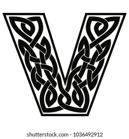 Letter of the English alphabet with Celtic national ornament as interlaced ribbon isolated on white background.