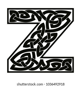 Letter of the English alphabet with Celtic national ornament as interlaced ribbon isolated on white background.