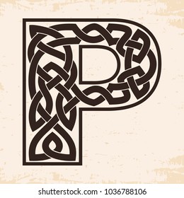 Letter of the English alphabet with Celtic national ornament as interlaced ribbon on a beige background. Paryrus with the aging effect.