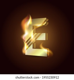 The letter of the English alphabet "E". Gold symbol on fire on a dark background.