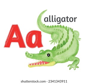 The letter A of the English alphabet with the image of an alligator in watercolor on a white background.