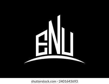 Letter ENU Building vector monogram logo design template. Building Shape ENU logo