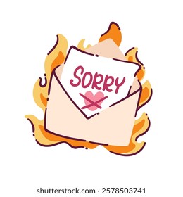 Letter in an envelope with apologies on fire. Anti Valentine's day, non romantic conception in cartoon style, vector illustration.