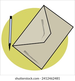 letter in an envelope, a ballpoint pen, a sketch image. vector image, for stickers, posts