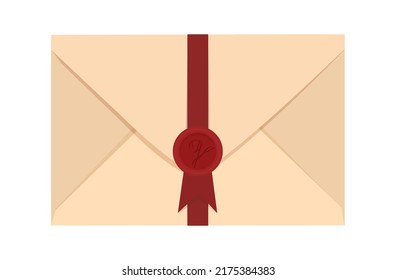 Letter envelope. A beautiful envelope with a red ribbon and a wax seal. Wax stamp. Vector illustration.