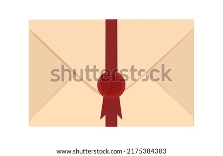 Letter envelope. A beautiful envelope with a red ribbon and a wax seal. Wax stamp. Vector illustration.