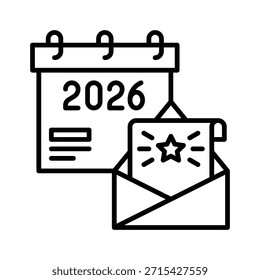 Icono de estilo de línea de Ilustración vectorial de calendario de sobre de carta 2026
