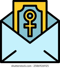 A letter envelope containing a card with a prominent female gender icon. Ideal for projects that emphasize female representation.