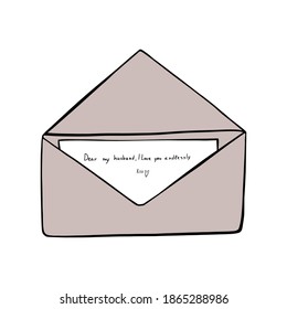 Letter in an envelope, declarations of love. Hand-drawn, doodle, vector illustration. Postcard to the day of lovers, on a white background