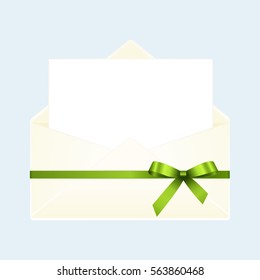 Letter in an envelope decorated with green ribbon bow. Illustration isolated on blue background.