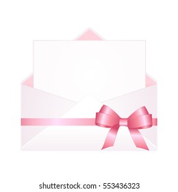 Letter in an envelope decorated with pink ribbon bow. Valentines day greeting card. Illustration isolated on white background.