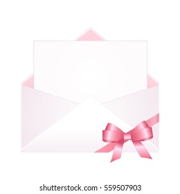 Letter in an envelope decorated with pink ribbon bow. Illustration isolated on white background. 