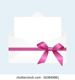 Letter in an envelope decorated with pink ribbon bow. Illustration isolated on blue background.