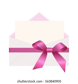 Letter in an envelope decorated with pink ribbon bow. Illustration isolated on white background.