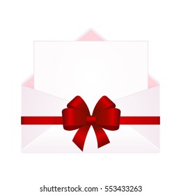 Letter in an envelope decorated with red ribbon bow. Illustration isolated on white background.