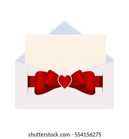 Letter in an envelope decorated with red ribbon bow. Illustration isolated on white background.