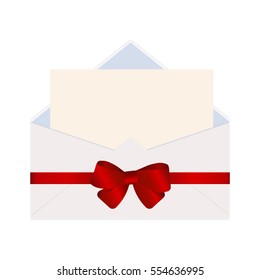 Letter in an envelope decorated with red ribbon bow. Illustration isolated on white background.
