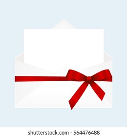 Letter in an envelope decorated with red ribbon bow. Illustration isolated on blue background.