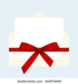 Letter in an envelope decorated with red ribbon bow. Illustration isolated on blue background.