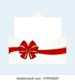 Letter in an envelope decorated with red ribbon bow. Illustration isolated on blue background.