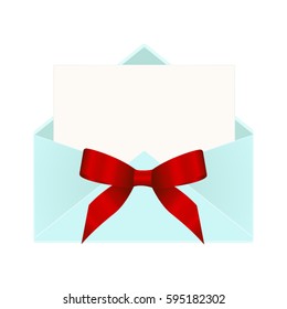 Letter in an envelope decorated with red ribbon bow. Illustration isolated on white background.