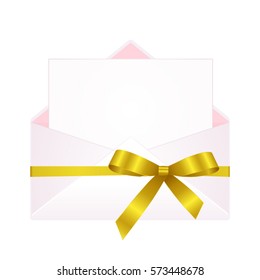 Letter in an envelope decorated with yellow ribbon bow. Illustration isolated on white background.