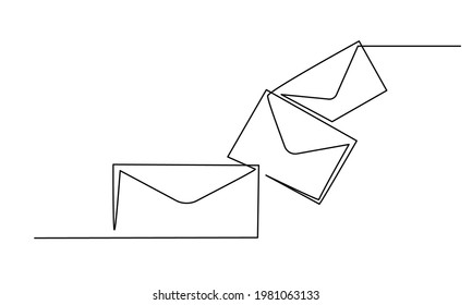 Letter, envelope, email icon isolated on white background. Continuous one line drawing. Vector illustration for banner, web, design element, template, postcard.