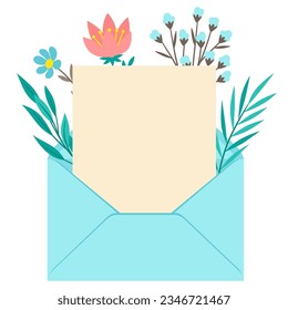 Letter in envelope with flowers. Romantic template with floral decor.