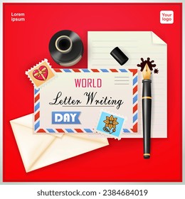 Letter envelope with fountain pen, ink and cute stamps. 3d vector suitable for business, design elements and World Letter Writing Day events