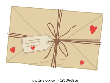 Letter in envelope with hearts and decorative thread. Isolated paper expressing feelings and devotion to beloved person. Saint valentines day, romantic mailing and communication. Vector in flat style