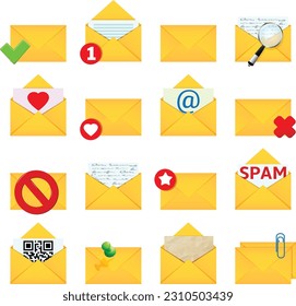 Letter envelope icon set. Set various email icons in flat style.