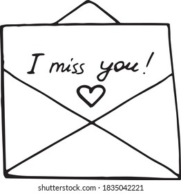 letter in envelope, lettering i miss you and heart sketch hand drawn doodle. love, icon, vector, monochrome, minimalism, valentine day, message