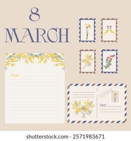 Letter envelope for letters to congratulate you on March 8th. with letterhead and stamps. Vector illustration.