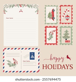 Letter envelope for letters to grandfather frost with letterhead and stamps. Christmas mail set, Vector illustration