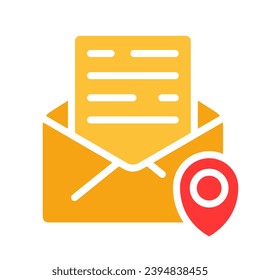 Letter in envelope with location pin. Pointer, geolocation, send, share, email, navigation, destination, meeting place information, data, message, communication. Colorful icon on white background - Shutterstock ID 2394838455