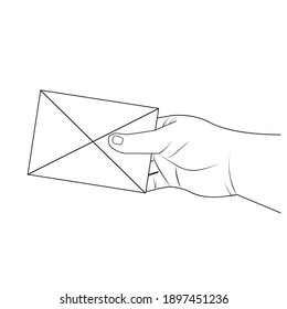 Letter In An Envelope In A Man's Hand, Black Line, Outline, Vector Illustration On A White Background, Clipart, Design, Decoration, Icon