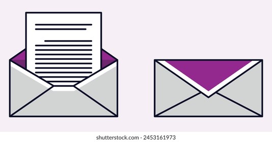A letter with envelope, open and closed envelope, an open white envelope with a litter having text, suitable for icons and mails and web design, good for signs and stickers and social media posts