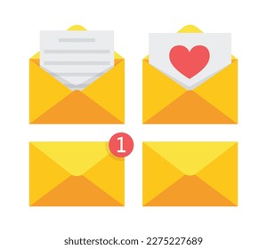 Letter envelope with paper document. Closed, open with a message e-mail envelopes. Vector.