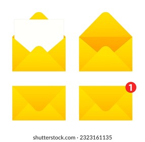 Letter envelope with paper document. An open and closed envelope with a note card. Closed, open with a message email envelopes. Set mailbox vector icons in flat style. Vector illustration
