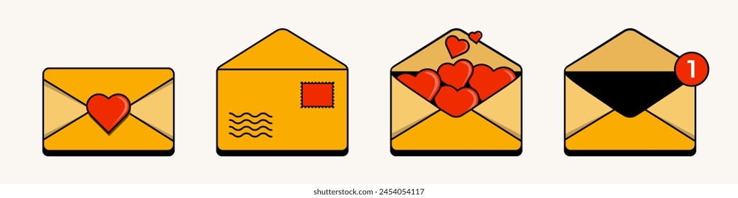 Letter envelope with paper document. Opened and closed envelope with note paper. Mailbox envelope vector icons in flat style. Mail icon set. 